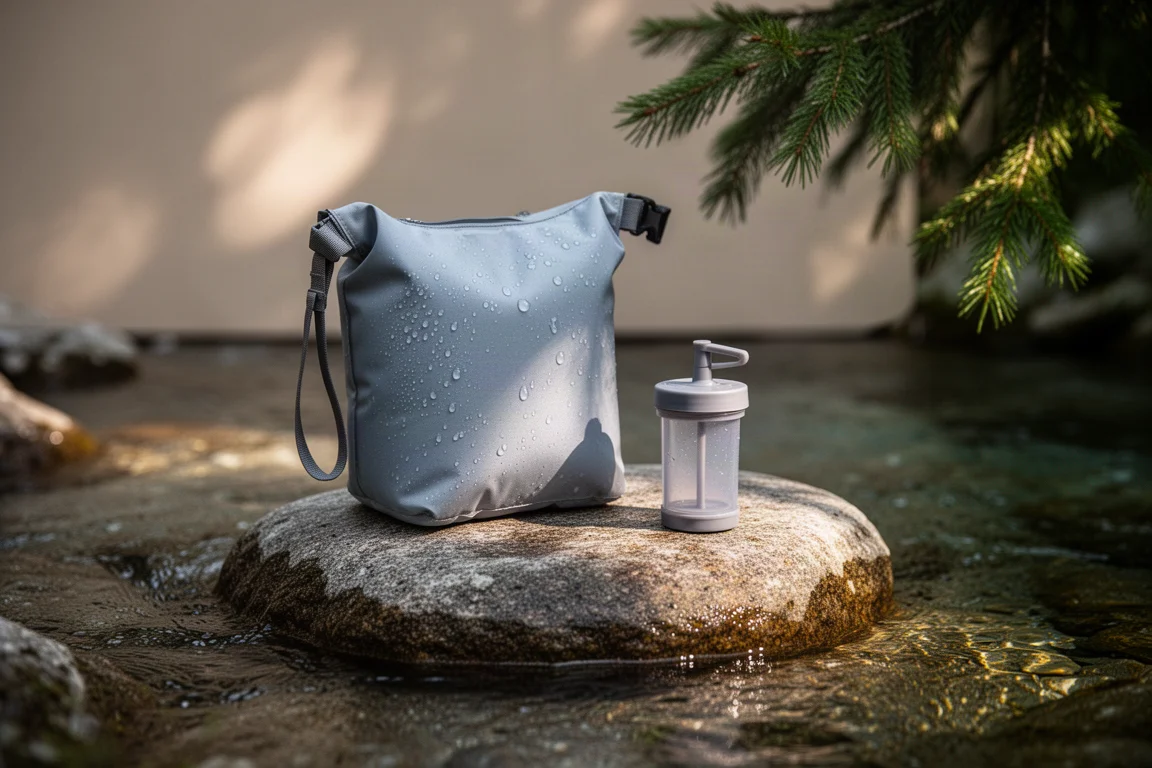 Soft water bag and squeeze filter resting on a river rock beside a mountain stream