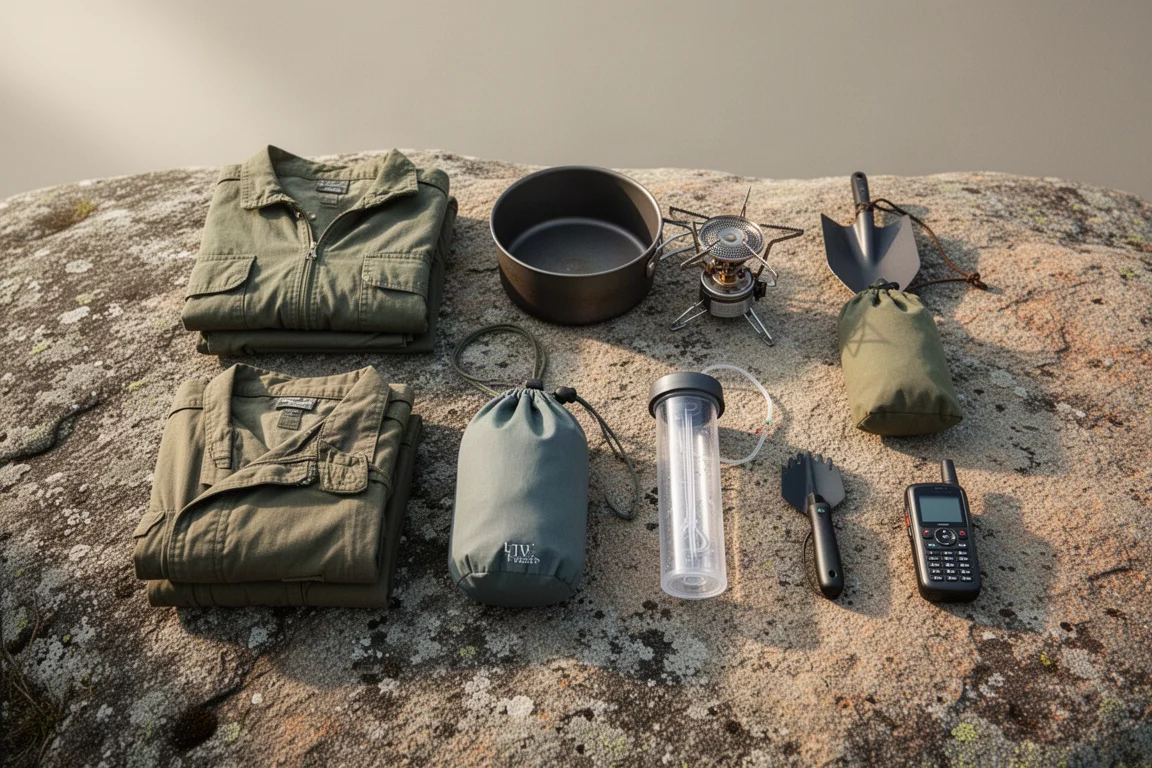 Overhead flat-lay of backpacking gear spread on weathered granite in morning light