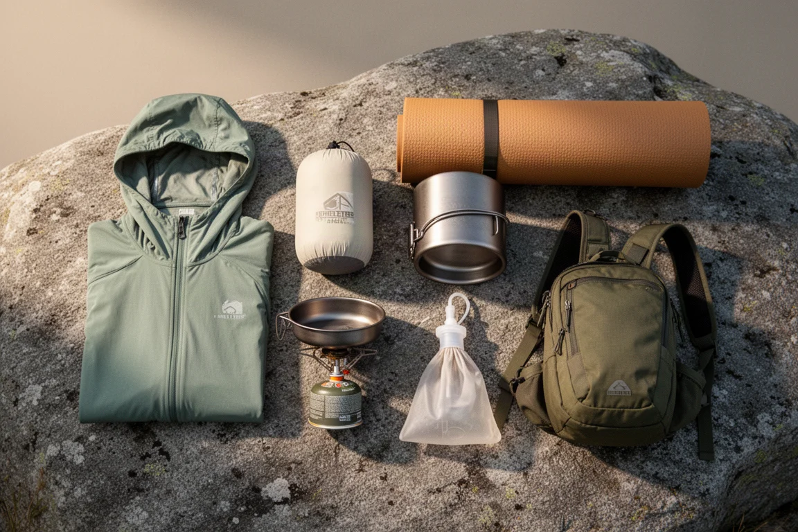 Overhead flat-lay of backpacking gear on grey granite with hoodie, shelter sack and cook pot