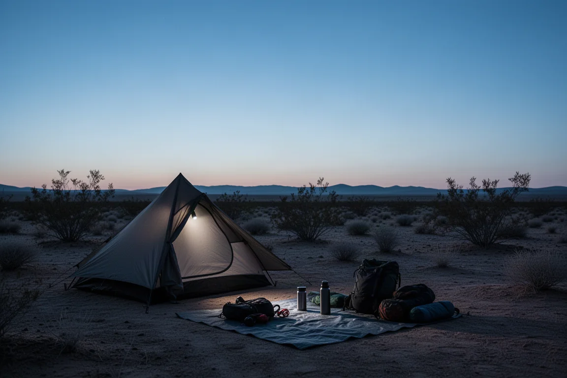 Overhead flat-lay of backpacking essentials arranged on weathered concrete