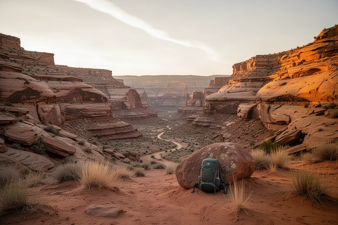 Wide desert canyon at golden hour with a small backpack resting against a boulder