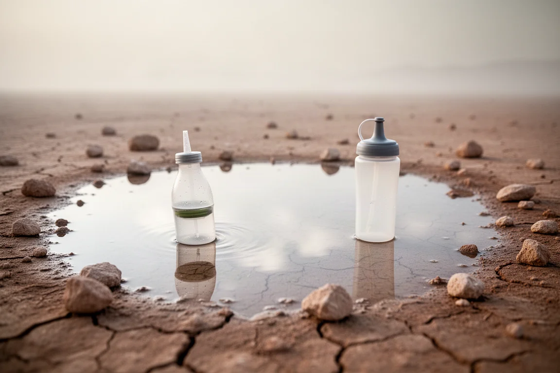 Shallow desert puddle reflecting pale sky with a squeeze filter bottle at the edge