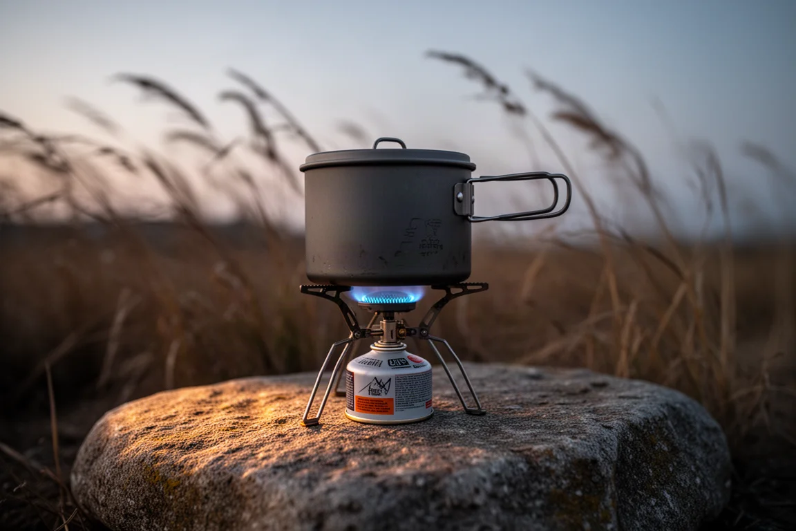 Tiny canister stove on a flat rock at dusk with a pot of water on its arms