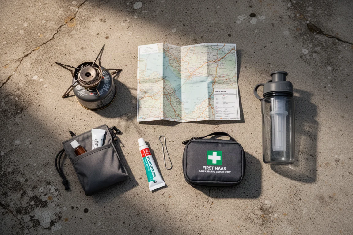 Overhead flat-lay of backpacking essentials on weathered concrete with negative space
