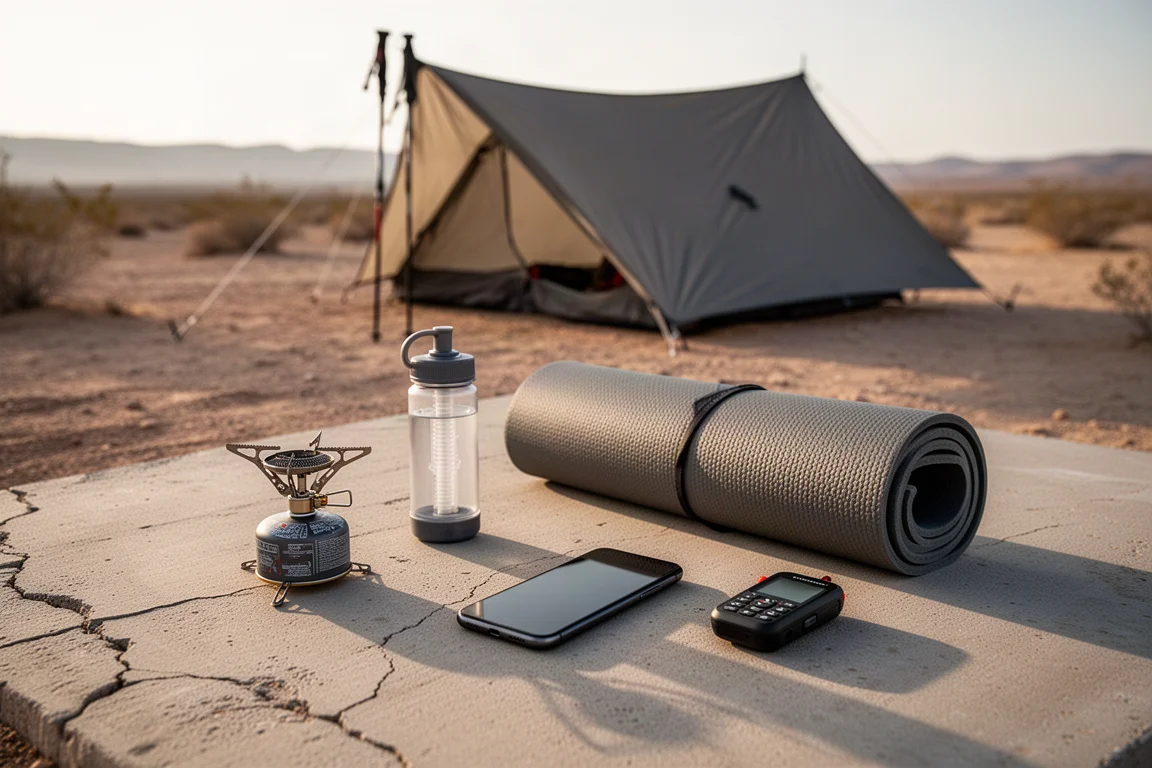 Flat-lay of solo backpacking gear on concrete with a shelter pitched behind it