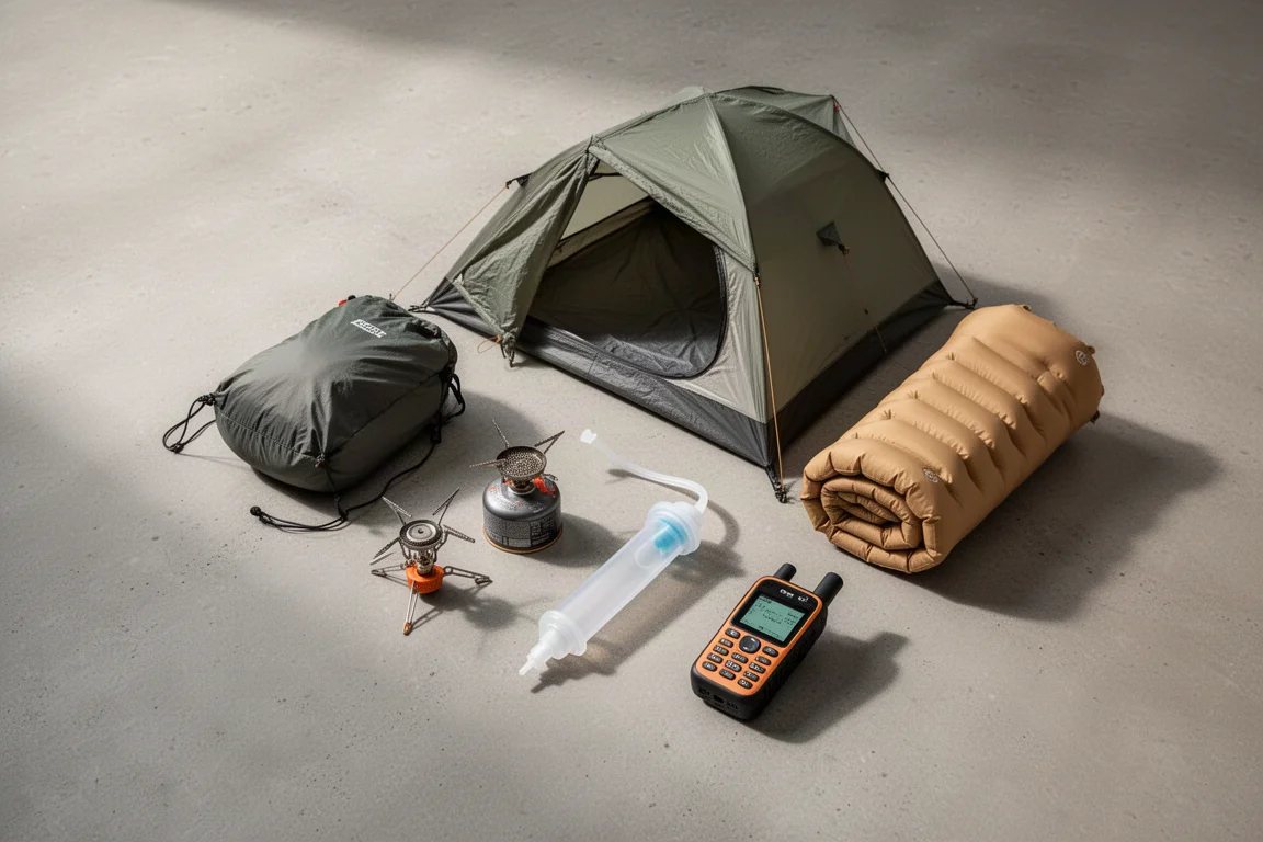 Solo backpacking essentials on concrete: stove, filter, sleeping pad, tent, satellite communicator, phone