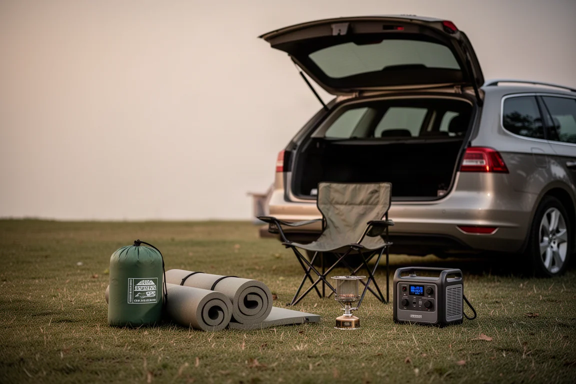Solo car camping gear arranged beside an open car hatch on a grassy campsite