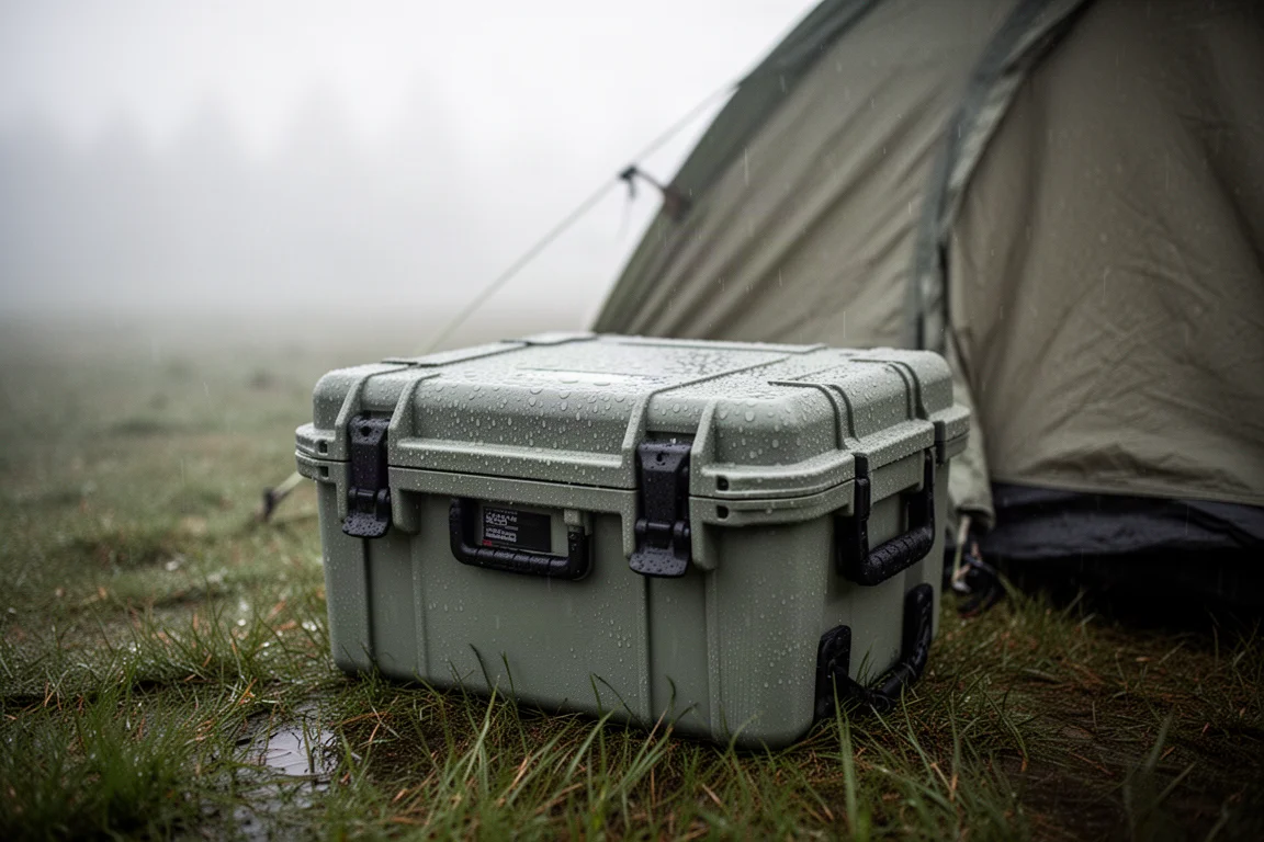 Contenitore per attrezzatura sigillato su terreno bagnato accanto a una tenda con gocce d'acqua
