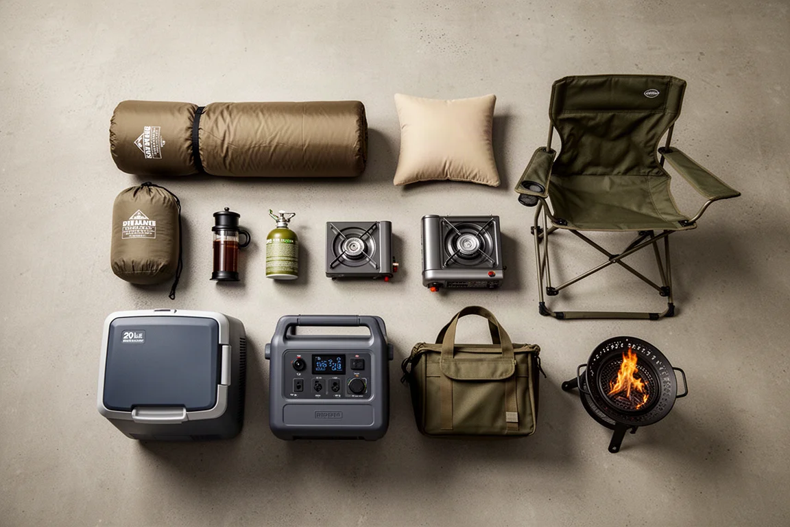 Flat-lay of solo car camping gear including tent, bed roll, stove, fridge and camp chair