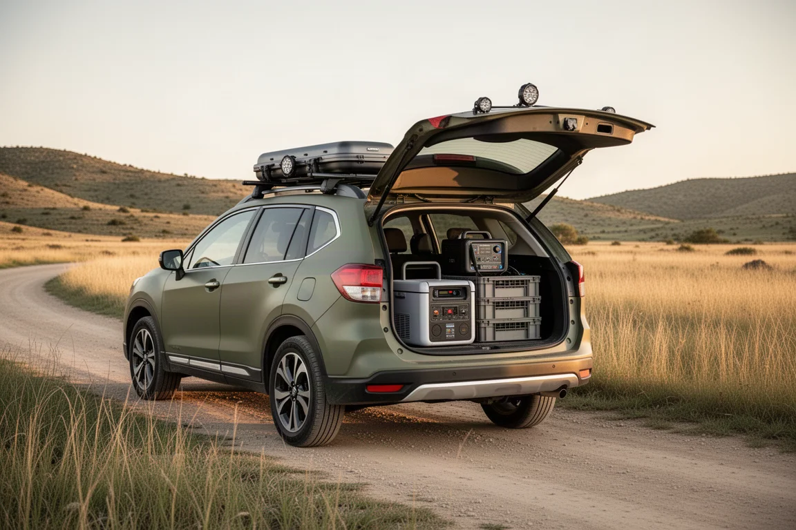 Solo car camping gear arranged on concrete beside a compact SUV