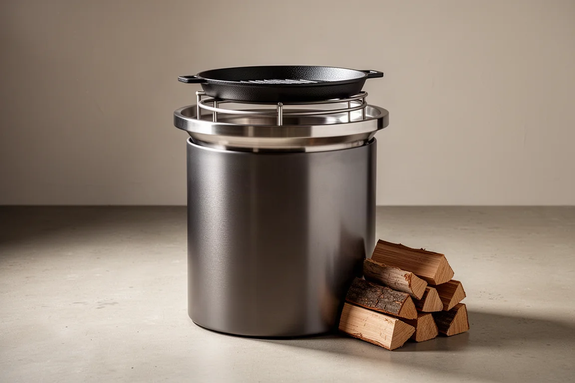 Stainless steel wood-burning fire pit with cast iron griddle on a stand beside split firewood