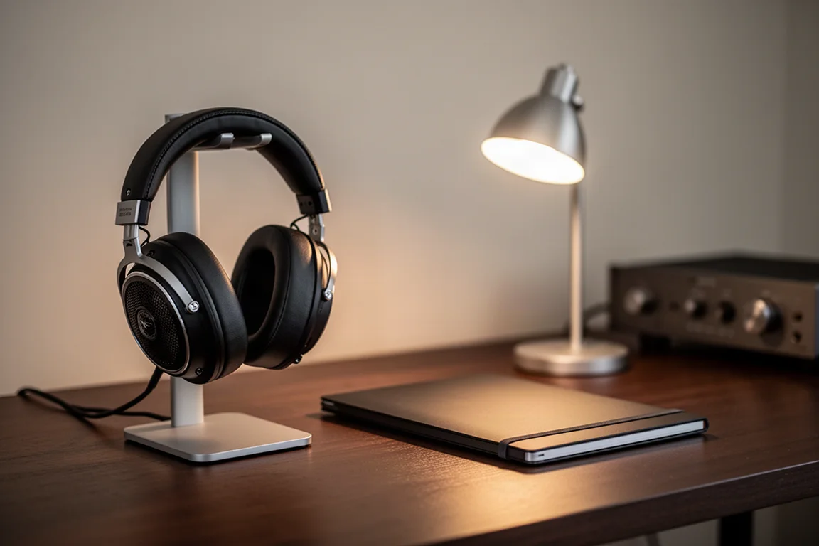 Bureau d'écoute paisible le soir avec un casque ouvert sur un support et un amplificateur flou en arrière-plan