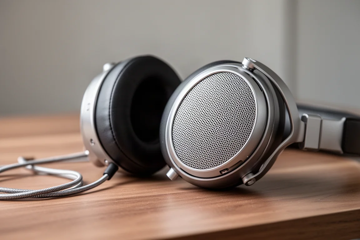 Gros plan sur une oreillette de casque ouvert à grille métallique posée sur un bureau en bois