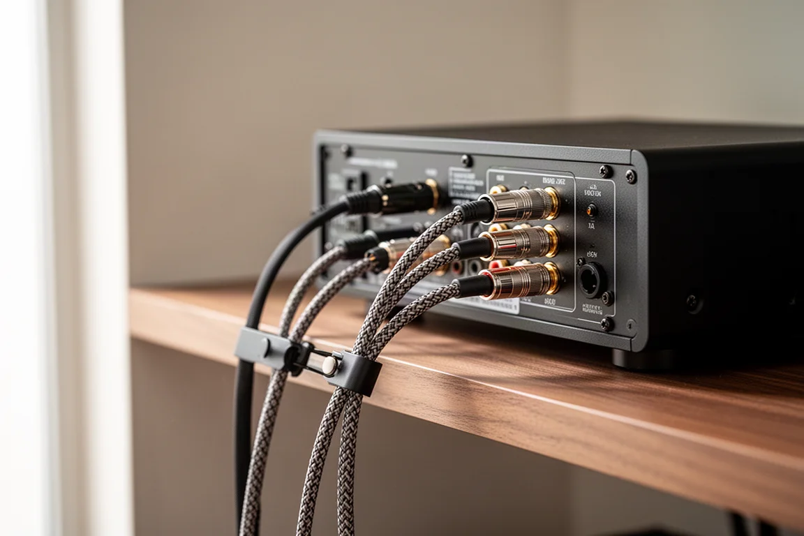 Câbles symétriques XLR et RCA connectés au panneau arrière d'un amplificateur de bureau sur une étagère