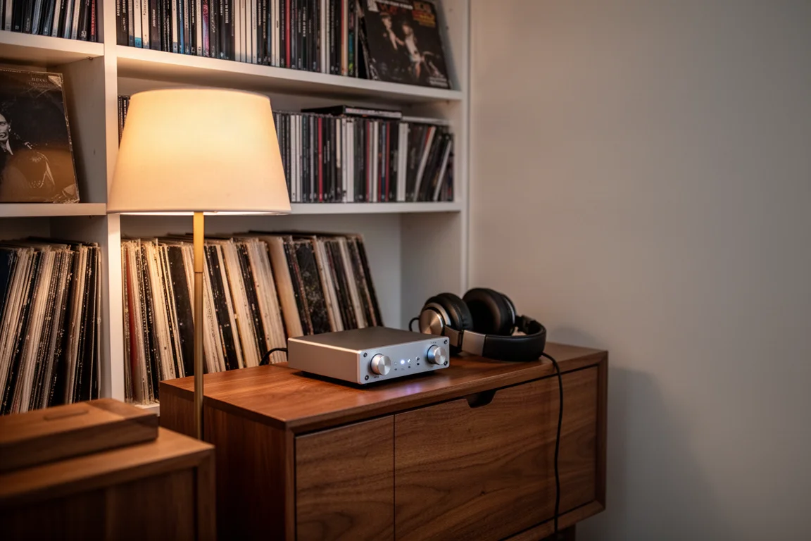 Coin d'écoute du soir avec des étagères de CD et de vinyles, une lampe chaude et un amplificateur casque