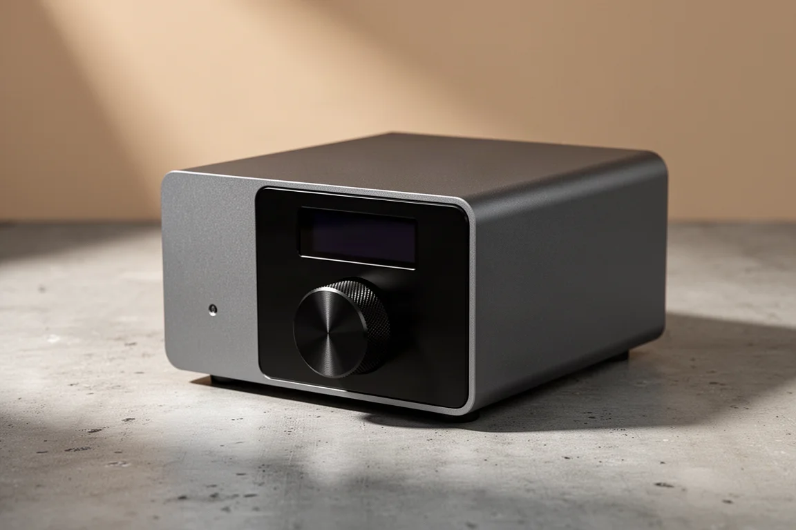 Grey and black desktop headphone amplifier with a single rotary knob on a concrete surface