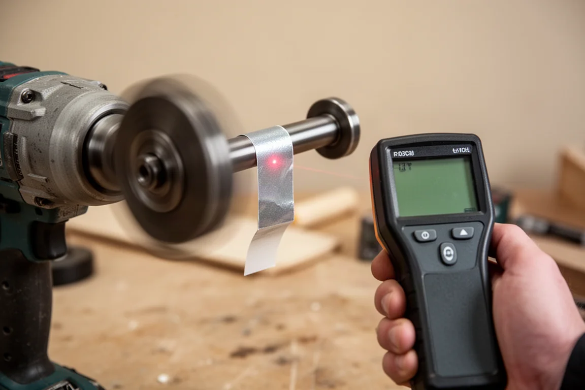 Handgehaltener Laser-Tachometer gerichtet auf eine rotierende Scheibe mit reflektierendem Klebeband