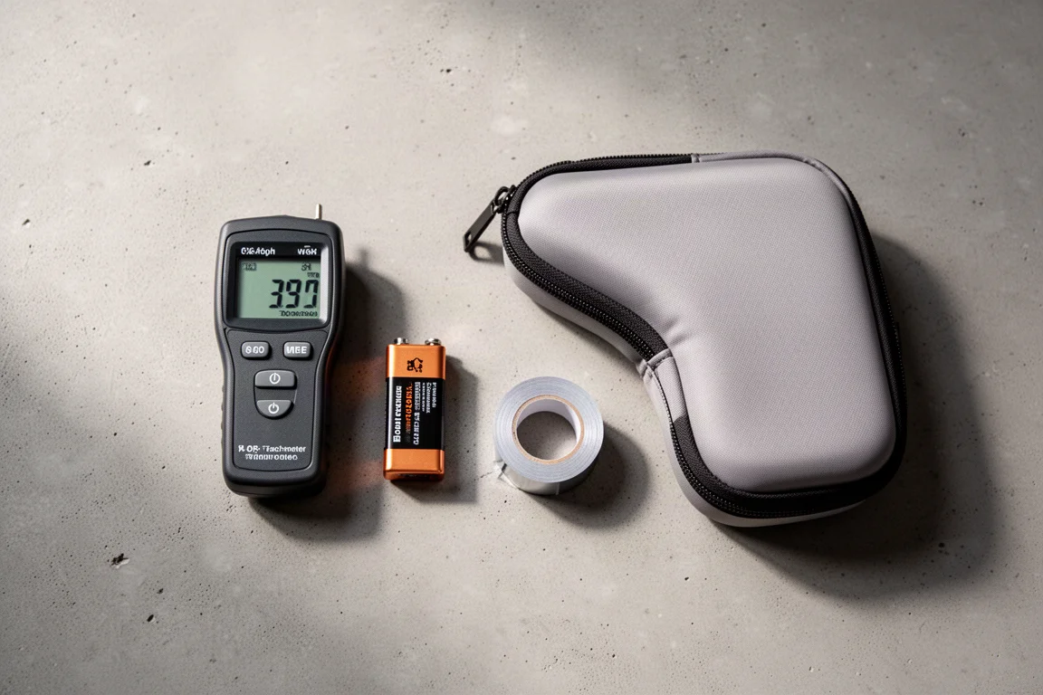 Werkbank-Arrangement mit Tachometer, Batterie, reflektierendem Klebeband und Aufbewahrungskoffer