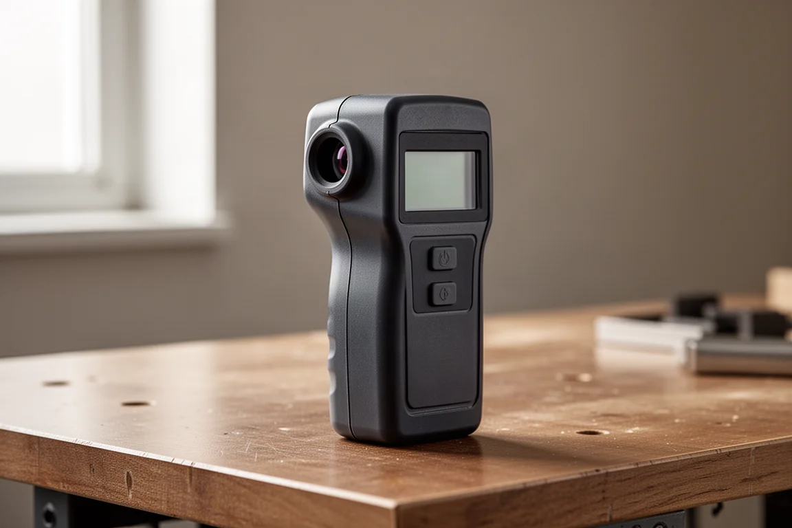 Handheld digital laser tachometer standing on a wooden workbench