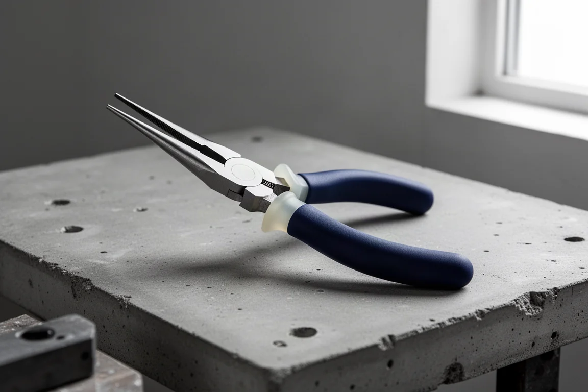 Sonoda RPP-165 needle nose pliers with dipped handle and resin jaws on a workbench