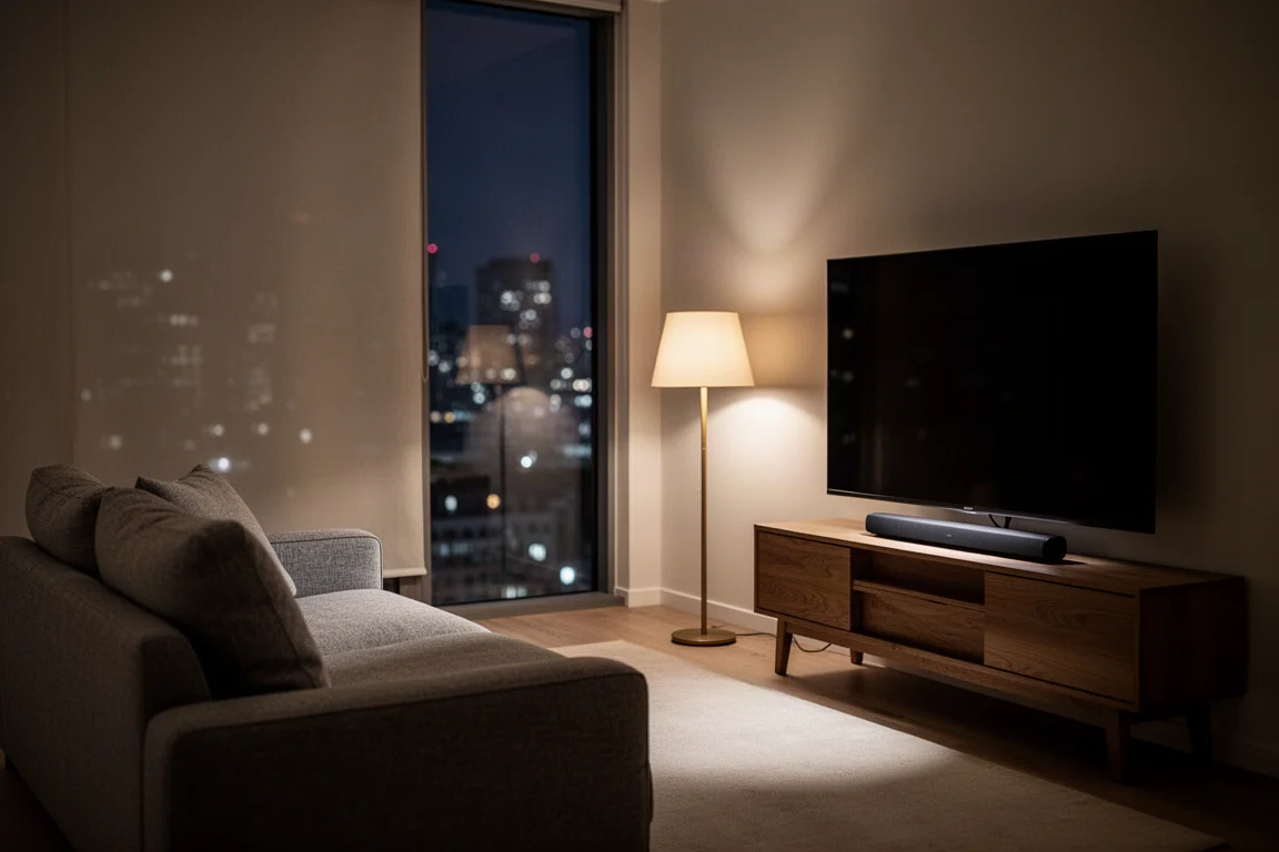 Salón de un apartamento tranquilo de noche con un sofá, un televisor, una barra de sonido y la luz cálida de una lámpara de pie