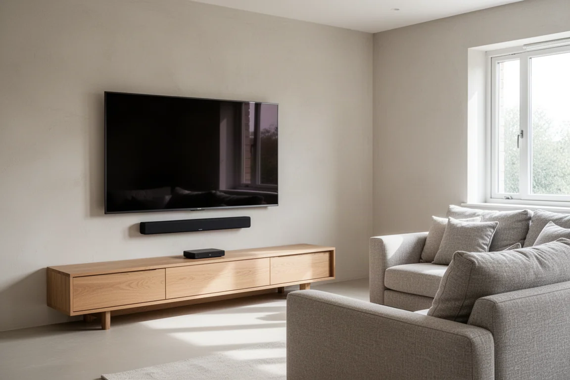 Instalación de cine en casa en un salón luminoso con televisor montado en la pared y barra de sonido sobre un mueble de madera
