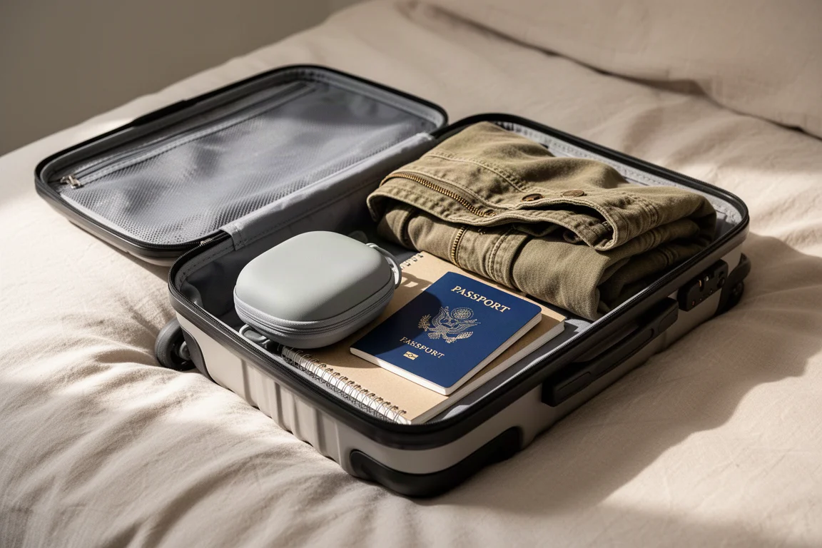 Bolsa de equipaje de mano abierta sobre una cama con un estuche de auriculares de tacto suave, un pasaporte y una chaqueta doblada