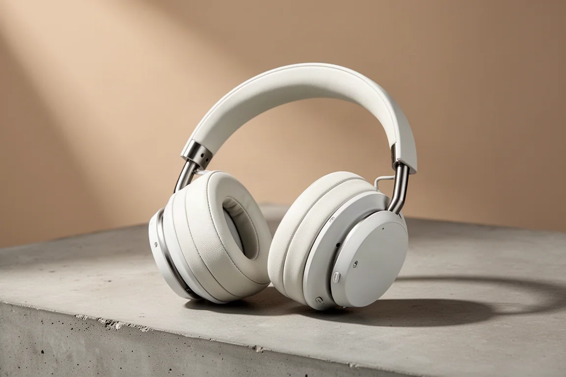 Soft white over-ear headphones with stainless steel arms on a matte concrete surface