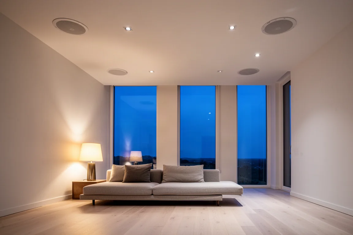 Open-plan living space at dusk with recessed in-ceiling speakers in a white ceiling