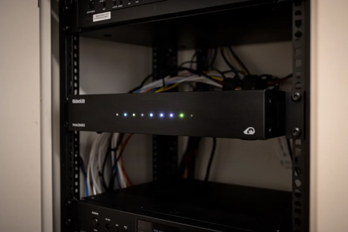 Slim black amplifier installed in a dim equipment rack with faint indicator lights