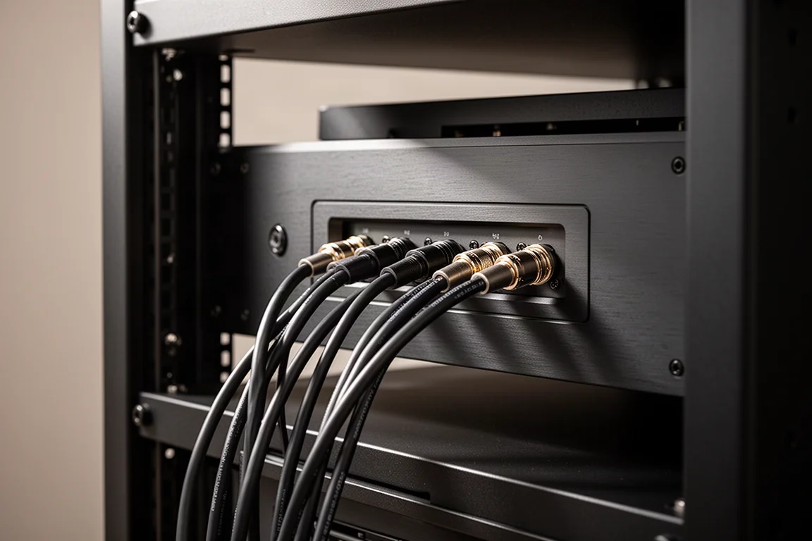 Rear view of a tidy equipment rack with bundled speaker cables and recessed connectors