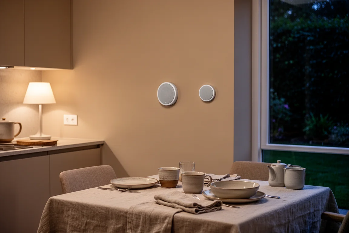 Warm kitchen and dining area in early evening with small in-wall speakers