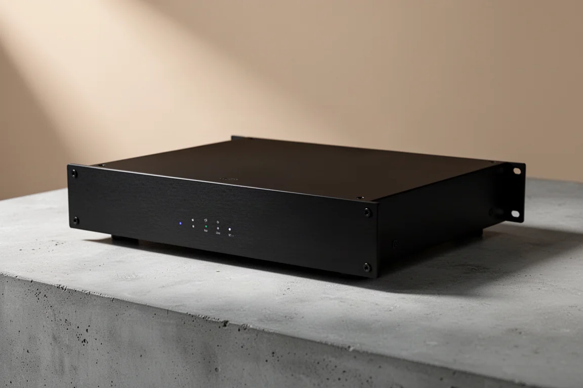 Slim black rack-mountable home audio amplifier on a matte concrete surface