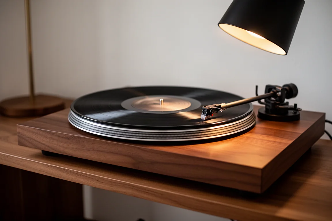 Tocadiscos con el brazo bajado sobre un disco de vinilo con luz cálida