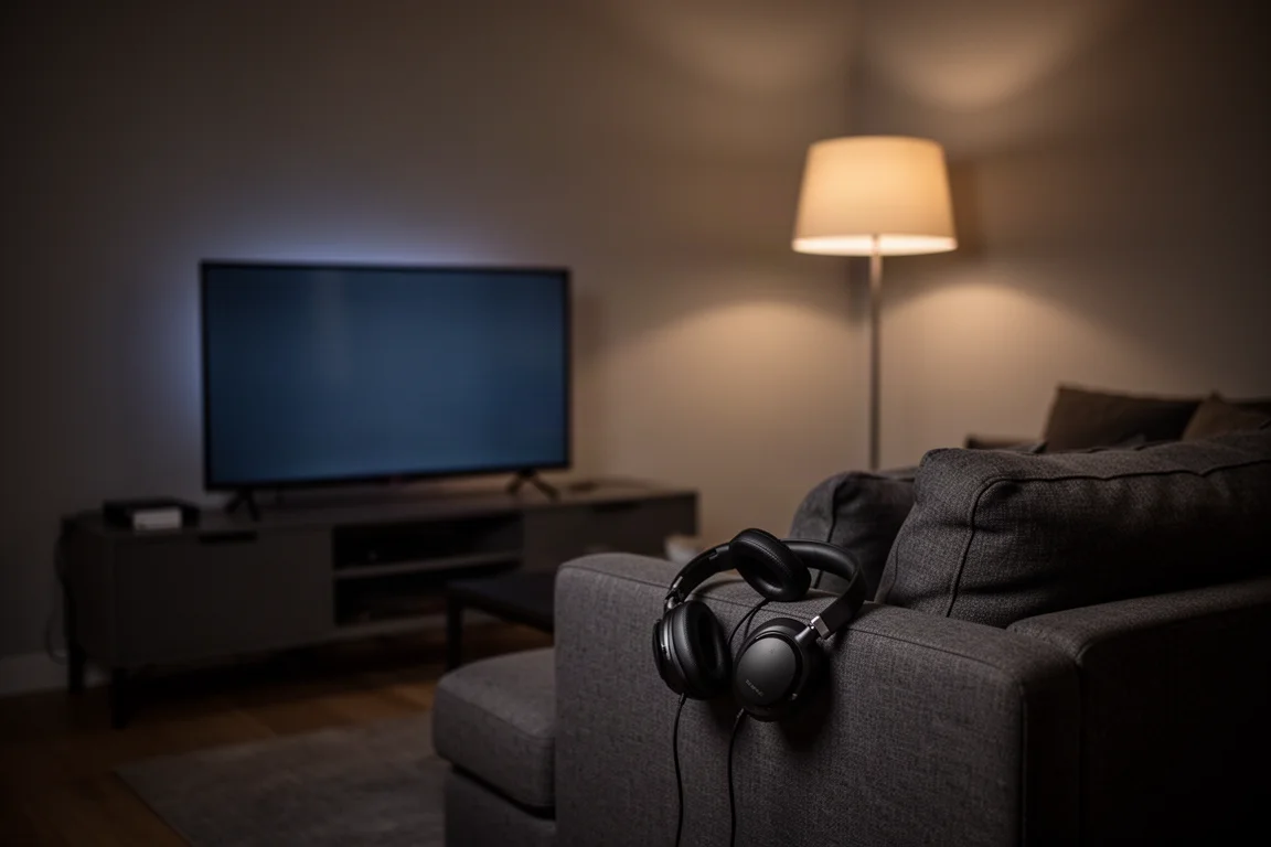 Salón en penumbra de noche con un televisor encendido y auriculares sobre un sofá