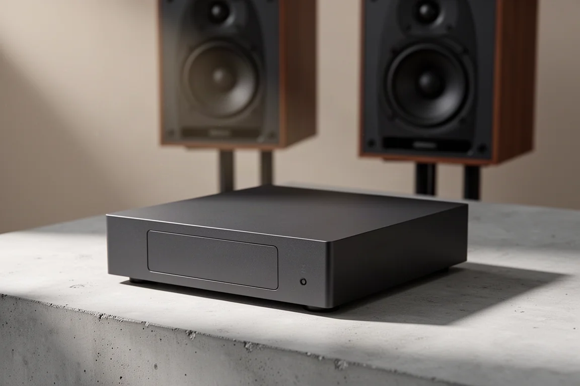 Compact dark grey streaming amplifier on concrete with speakers behind it