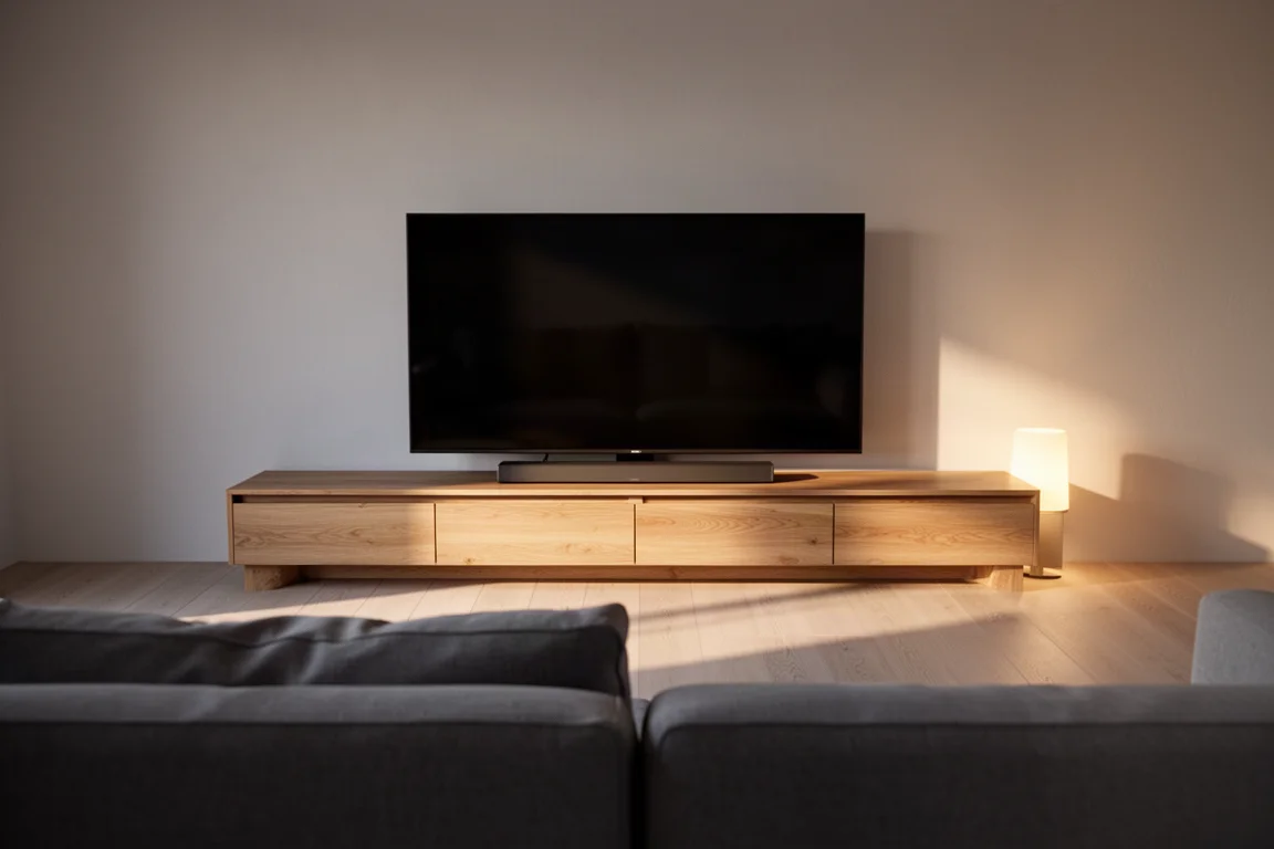 Minimal living room at dusk with a television and a long sound bar on a wooden console
