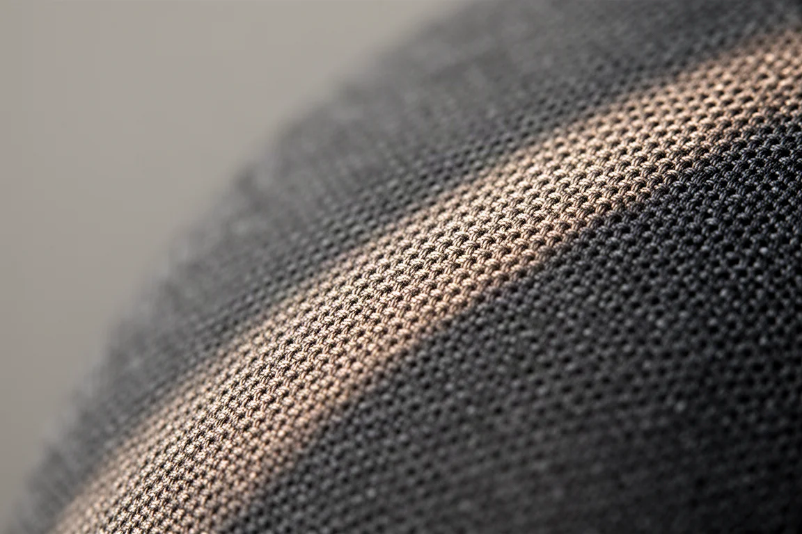 Close-up of dark acoustic speaker fabric lit by soft raking light
