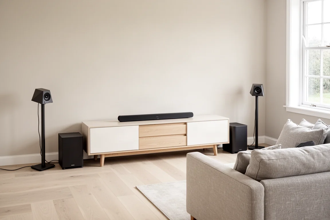 Bookshelf speakers on stands beside an amplifier and DAC in a bright room