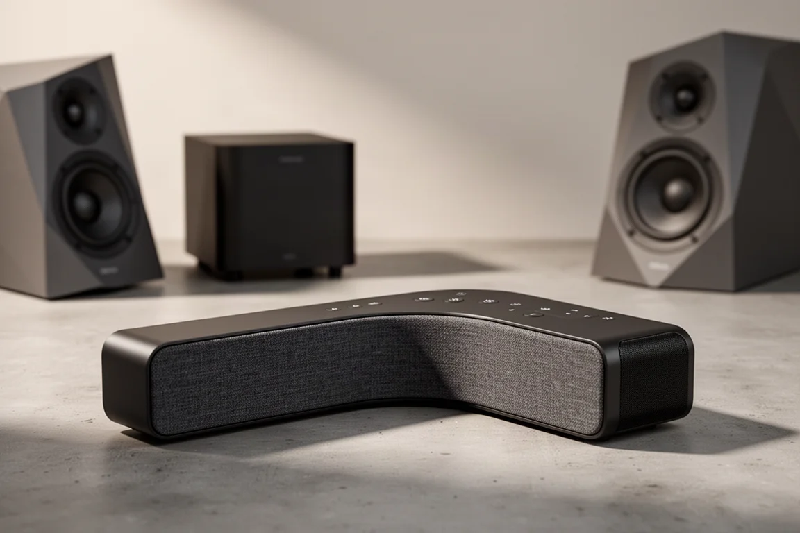 Long dark fabric-covered sound bar on a concrete surface in soft studio light