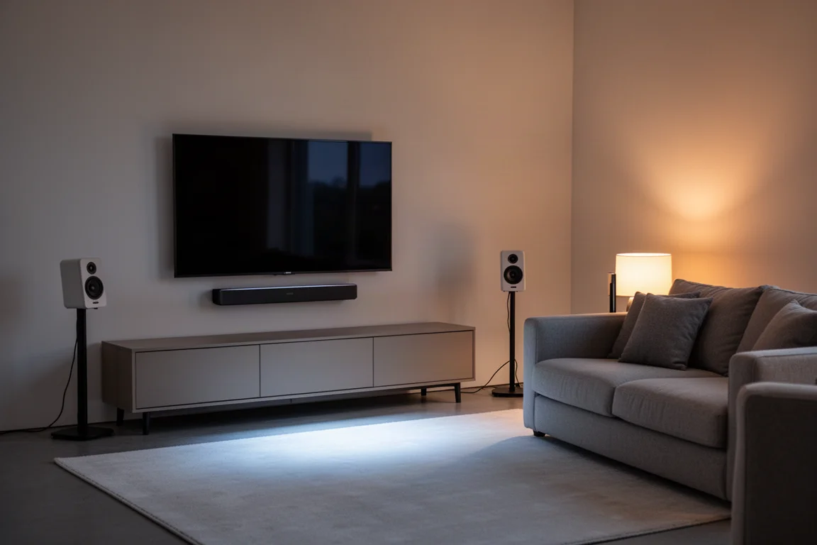 Soggiorno moderno al crepuscolo con una soundbar sotto una TV a parete e due diffusori posteriori
