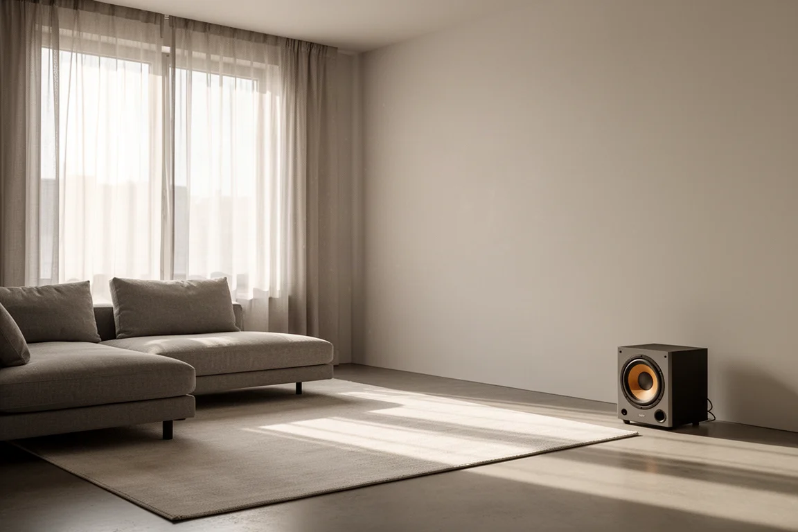Spazio open space con un divano basso e un subwoofer compatto vicino a un tappeto chiaro