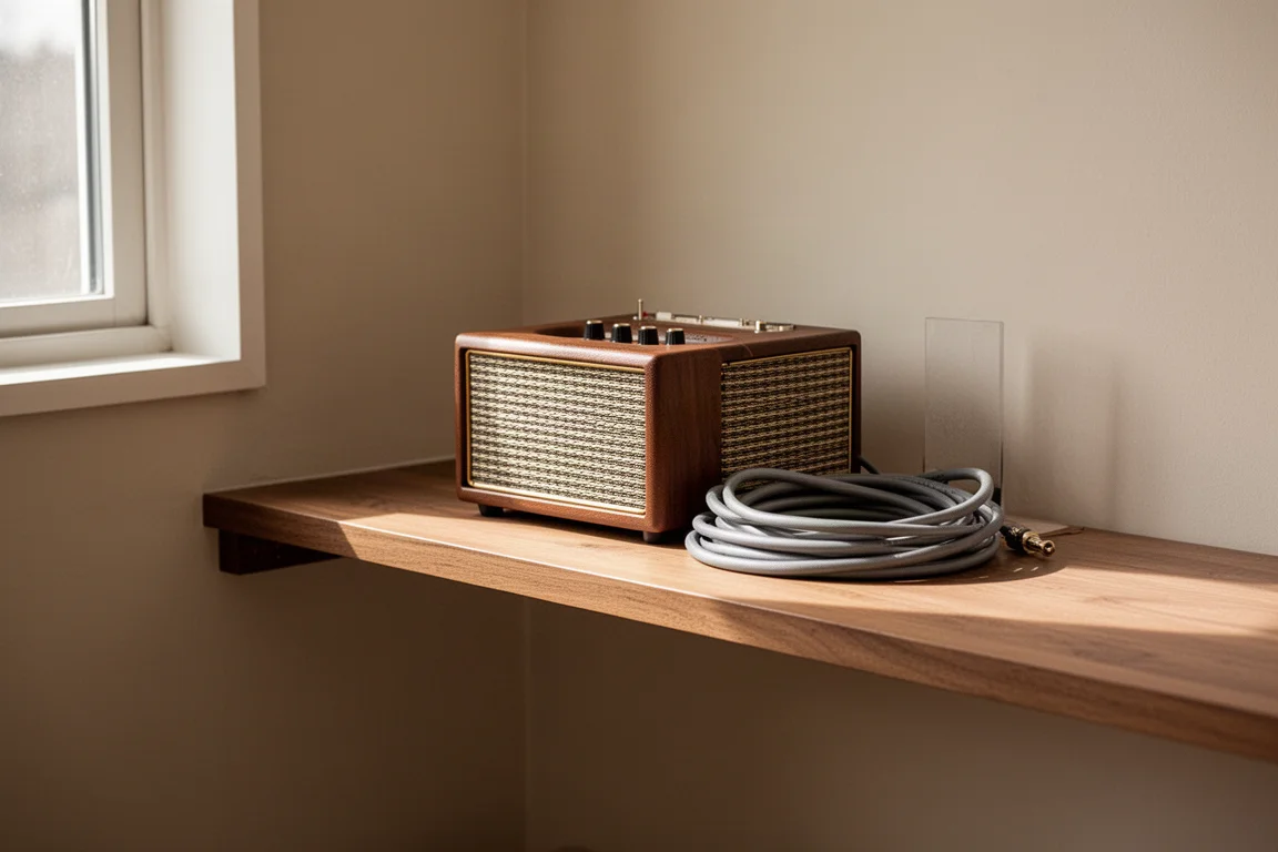 Mensola in legno con un piccolo amplificatore e un cavo diffusore ben avvolto alla luce del giorno