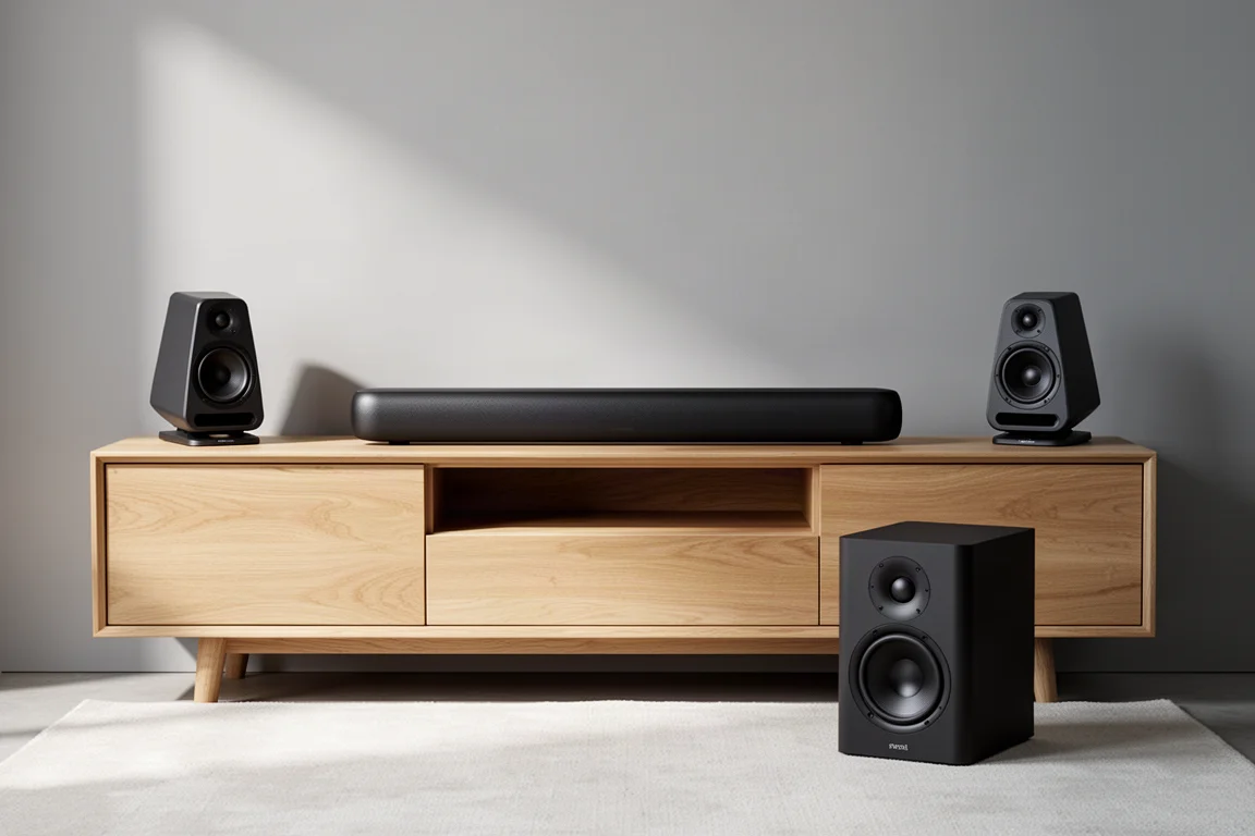 Soundbar on an oak console with two surround speakers and a subwoofer on a pale rug