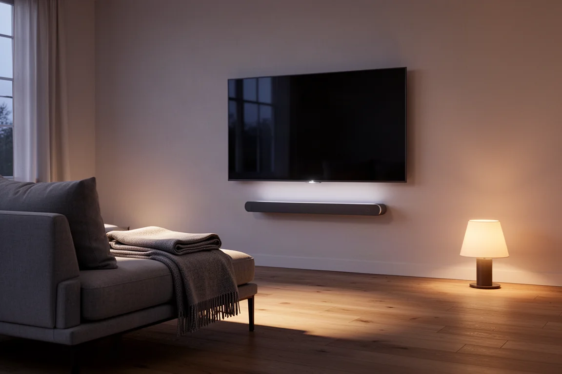 Soggiorno al crepuscolo con una soundbar sottile su un mobile sotto uno schermo dalla luce soffusa