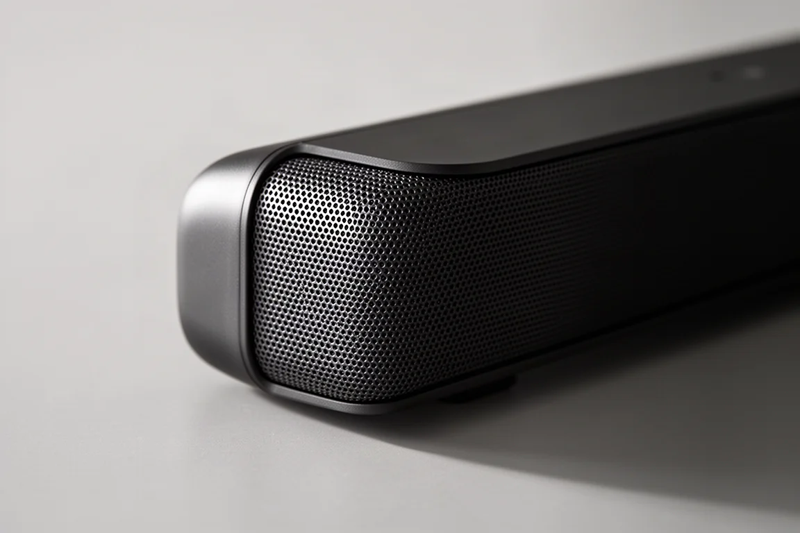 Primo piano dell'estremità curva in tessuto di una soundbar con il driver laterale angolato
