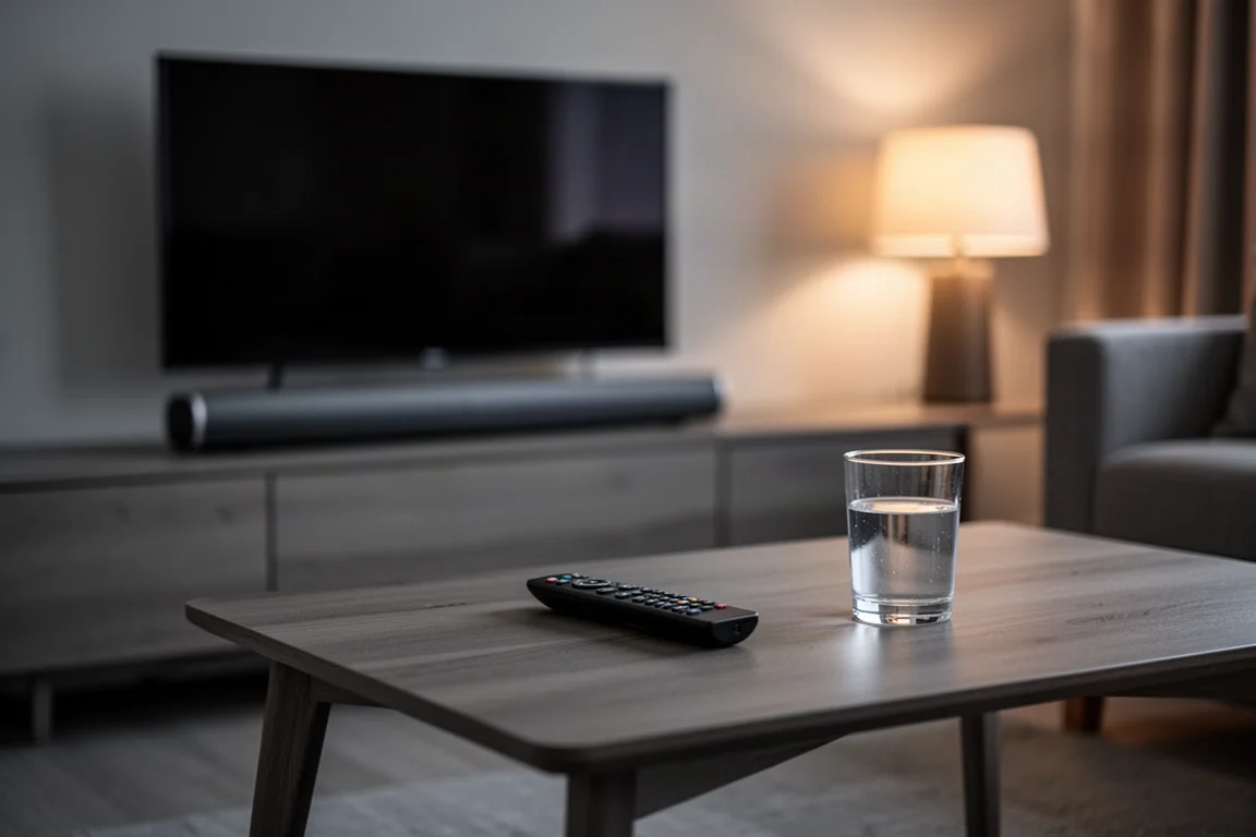 Sala multimediale serale con una soundbar, due diffusori surround e un subwoofer compatto