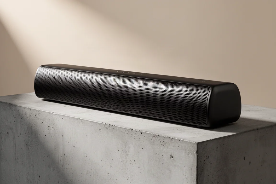 Slim curved black soundbar resting on a walnut media console against a warm off-white wall