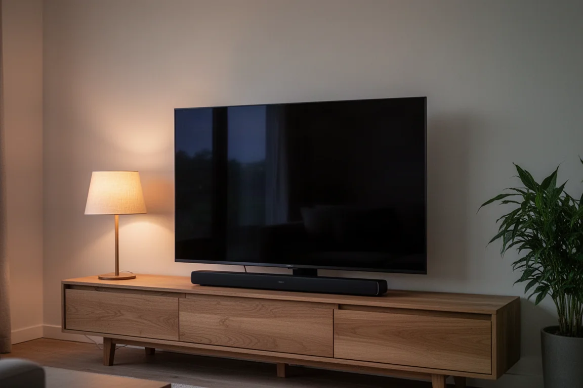 黃昏時分的簡約客廳,木製電視櫃上放著平面電視與纖薄 Soundbar