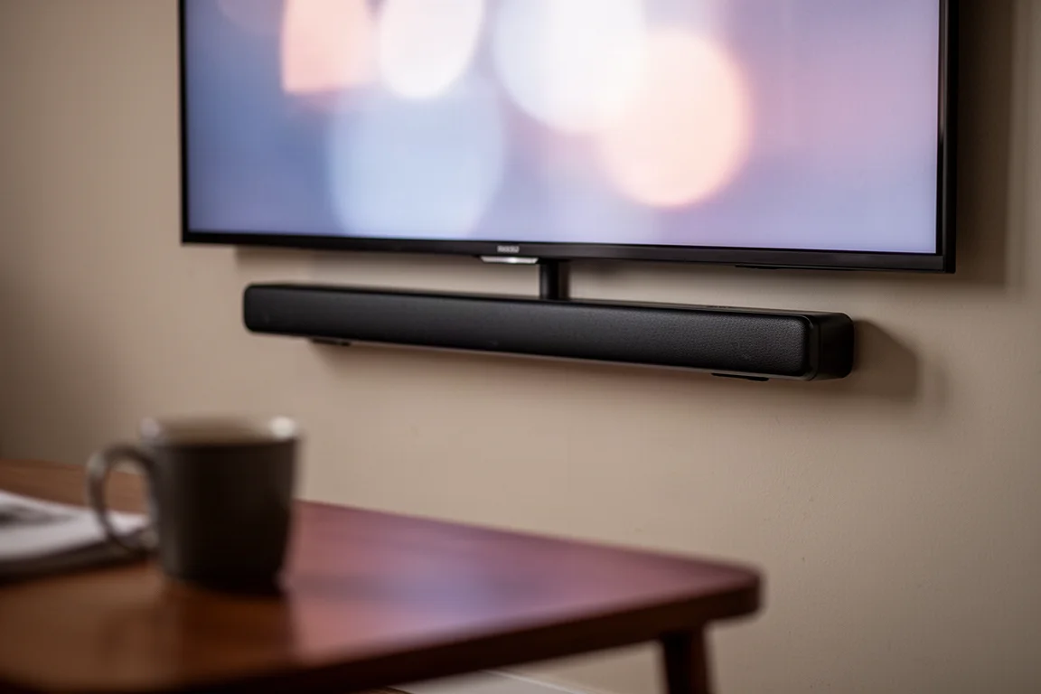 柔光房間中,發光電視下方纖薄 Soundbar 的特寫